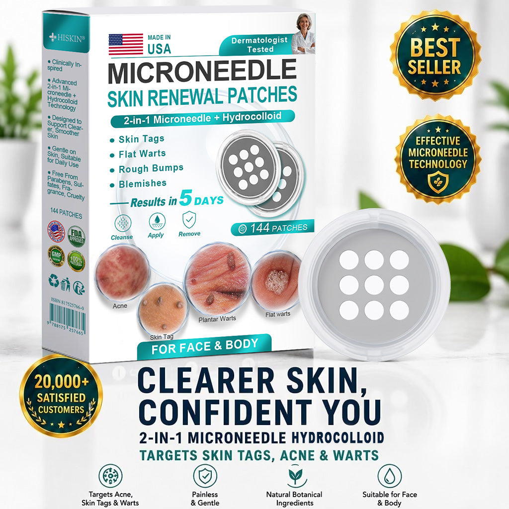 Hiskin ® 2-in-1 Microneedle & Hydrocolloid Patch👨‍⚕️ | Removes raised moles, acne, flat warts, and skin tags | Helps improve wrinkles, scars, and blemishes | Invisible patches for face and body